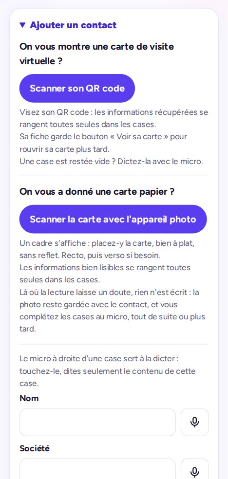 Espace client : boutons pour scanner le QR code d'une carte de visite virtuelle ou photographier une carte papier