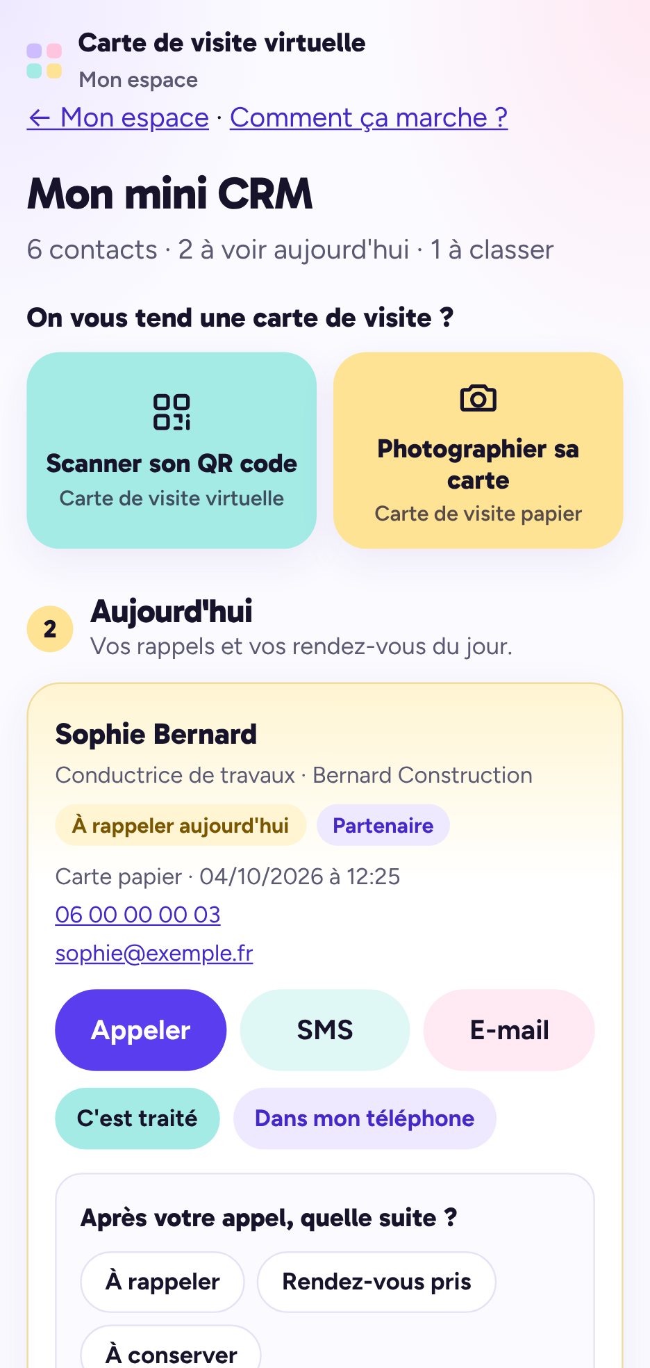 Espace client : mini CRM avec les rappels et les rendez-vous du jour en tête