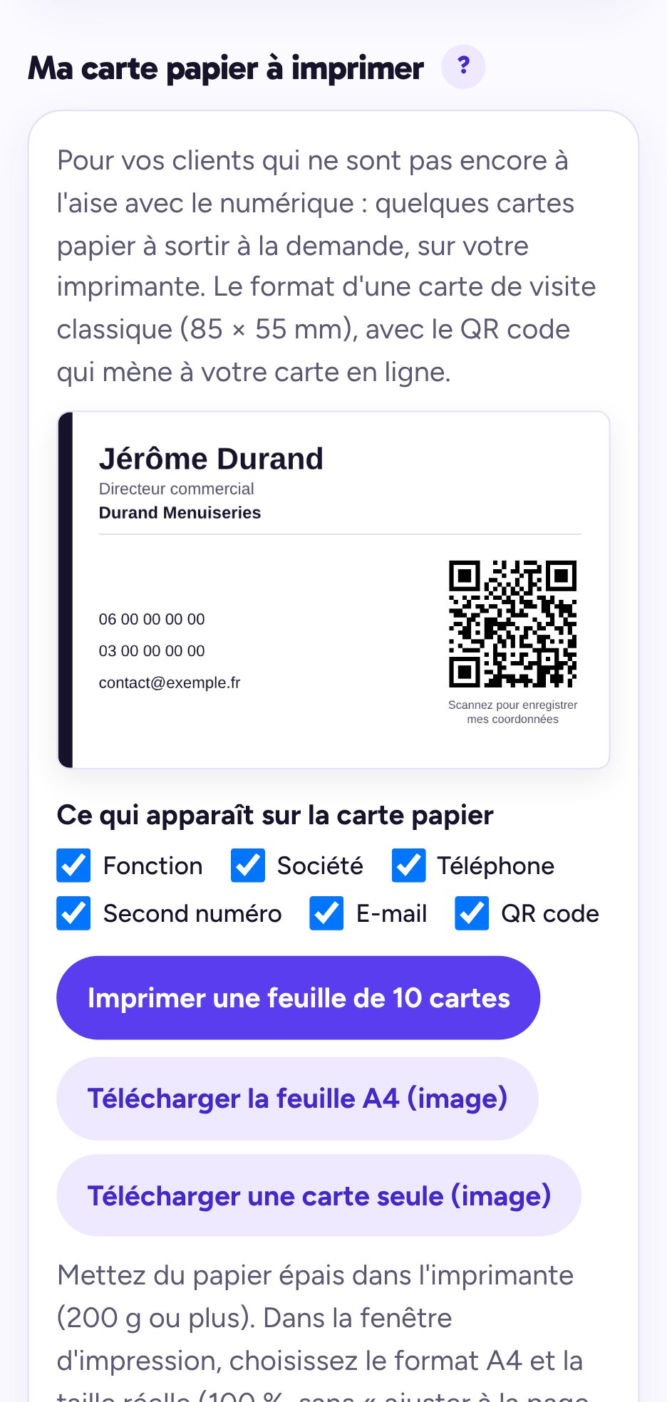 Espace client : carte papier à imprimer, 10 cartes par feuille A4, avec les cases de ce qui y figure